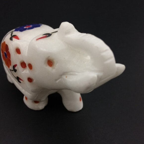 White Marble Elephant Figurine with Stone Inlay Floral Motif Trunk Up Handmade - Picture 11 of 16